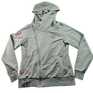 Naketano Athena Hoodie Womens Large Green Vegan Leather Patch Asymmetrical Zip